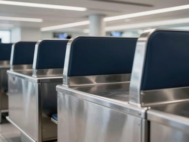 Close-up of finished stainless steel airport counters under bright terminal lights, seamless welds, clean industrial design