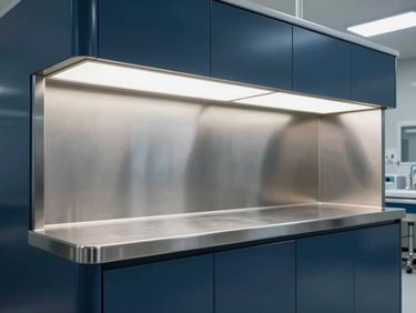 Polished stainless steel clinical counter inside a modern hospital facility, bright clinical light, immaculate seamless joints