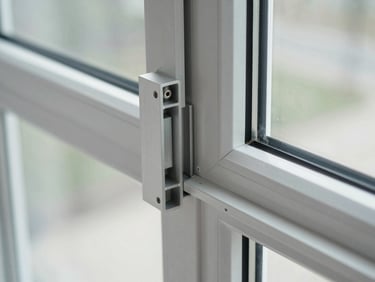 Close-up of a precision-engineered aluminium window corner joint, clean metallic finish, sharp focus on hardware, desaturated cool tones.