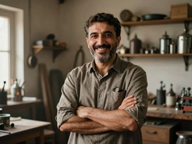Authentic portrait of Meister Nezami, smiling, standing in his workshop, hands crossed, warm, approachable, 35mm.