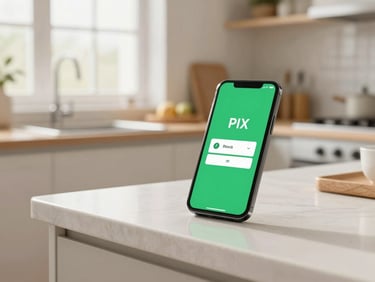 Bright modern kitchen counter with a smartphone displaying a green Pix checkout screen, natural morning light, clean and organized domestic background, 35mm