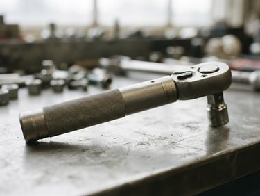 Macro photograph of a precision-machined titanium torque wrench resting on a clean steel workbench, soft overcast daylight, shallow depth of field, 35mm film style.