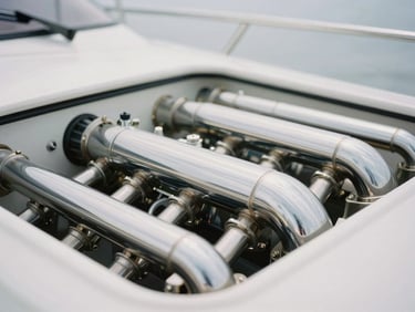 Close-up of a pristine yacht engine bay, immaculate polished chrome and steel pipes, soft overcast daylight reflecting off metallic surfaces, shallow depth of field