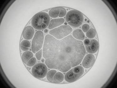 Close-up overhead of a multiple myeloma bone marrow core biopsy on a preparation surface under neutral studio lighting, plasma cell infiltration visible within trabecular architecture, high-contrast monochrome