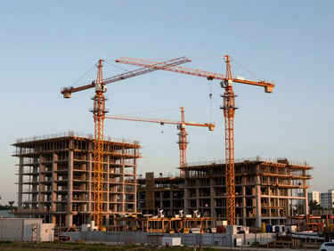 Wide environmental shot of a multi-crane construction site at dawn in Miami, scaffolding and multiple active structures visible, cool pre-sunrise overcast light, no workers in foreground, showing site complexity and scale
