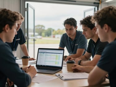 Medium shot of a GC team gathered around a laptop on a job-site table, bid comparison report visible on screen, overcast daylight through open site doors, documents and coffee cups on the table, no posed smiles