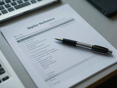 Overhead tight shot of a printed supplier performance report on a desk, handwritten notes in the margins, cool fluorescent office lighting, pen resting across the page, no hands in frame