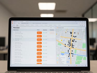 Tight overhead shot of a laptop screen showing a construction project dashboard with permit status rows, risk score badges in orange, and a map panel showing clustered project pins across a Miami street grid, interior office fluorescent lighting, no person visible, screen fills the frame