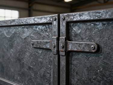 Industrial charcoal steel gate, heavy duty hinges, clean welding work, moody workshop natural light