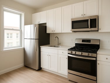 Bright kitchen interior of a rental unit, white cabinets, stainless steel appliances, natural light from a side window, clean countertops
