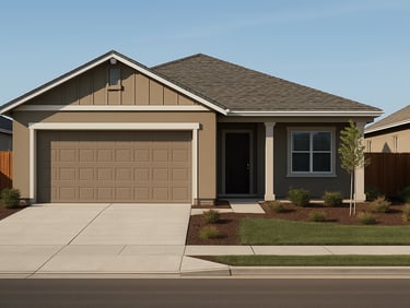 Exterior facade of a single-family residential home in daylight, clean driveway, modest landscaping, neutral paint, wide shot from street level