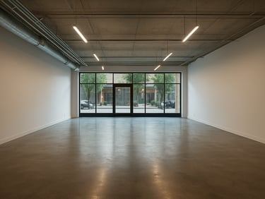 Wide shot of a commercial retail space interior, concrete floors, large front windows, overhead ambient lighting, empty and clean