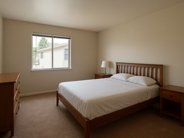 Bedroom interior of a long-term rental unit, natural window light, clean carpet, neutral walls, minimal furnishings, wide environmental framing