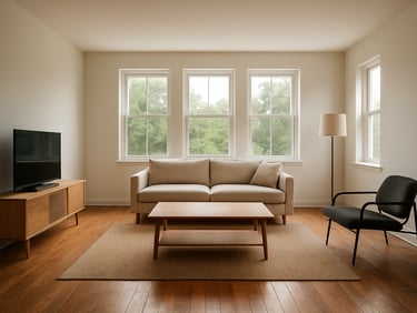 Wide interior shot of a furnished vacation rental living room, large windows letting in natural daylight, hardwood floors, minimal furniture, neutral walls