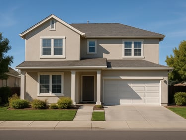 Exterior of a two-story residential property for sale, daylight, clean facade, attached garage, suburban setting, wide street-level framing
