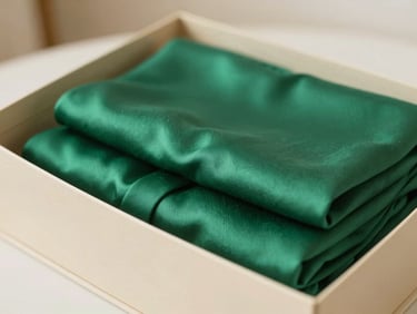 A close-up of folded emerald green silk garments inside a minimalist cream-colored box, soft natural light, shallow depth of field