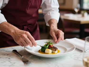 A chef at the pass plating a dish in a cozy Scandinavian-style restaurant, warm editorial lighting, shallow depth of field.