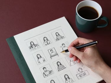 Overhead flat-lay of a hand sketching a social media storyboard on parchment paper next to a dark espresso cup, soft daylight.