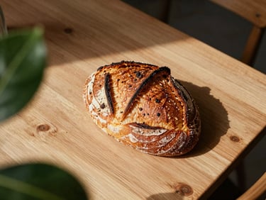Overhead flat-lay of a cozy Scandinavian restaurant table, natural wood, fresh sourdough bread, soft directional daylight, rich shadows