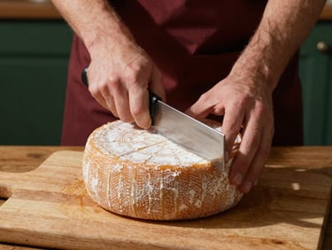 A cheesemonger slicing a wheel of artisanal cheese, wooden board, rich shadows, warm tones
