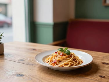 Cozy Scandinavian restaurant interior, soft daylight on a rustic wooden table with a single plate of fresh pasta, rich crimson accents
