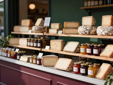 A beautifully curated modern food market stall, artisanal cheeses and preserves on shelves, soft natural light, 35mm lens