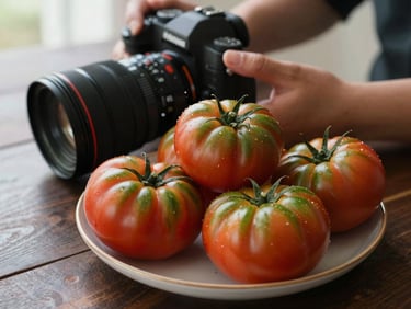 Close-up of a professional camera held over a plate of freshly harvested heirloom tomatoes on a dark wood table, soft side lighting.