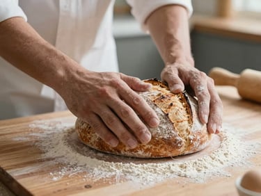 Close-up of a baker's flour-dusted hands scoring a rustic sourdough loaf on a wooden table, soft side light