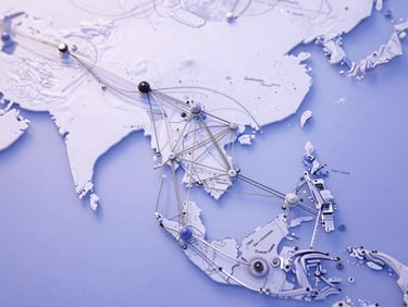 Orthographic schematic diagram of a high-precision network architecture routing path across Southeast Asia, bright clinical daylight, soft lavender ambient glows, clean technical lines.