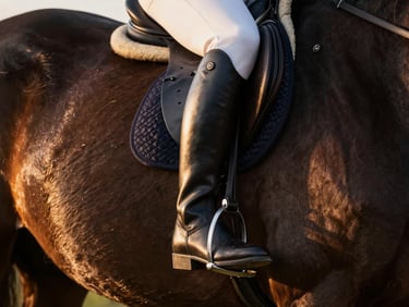 Close-up of a rider's polished leather boot and spur resting against the clean flank of a dark bay warmblood horse, soft golden hour light, shallow depth of field