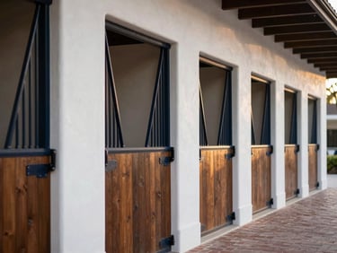 Architectural detail of a high-end equestrian stable in Palm Beach, clean white stucco walls, dark wood accents, pristine brick aisleway, morning light