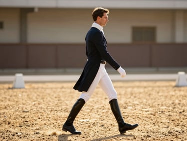 A rider in formal white breeches and dark coat executing a precise dressage movement in a sunlit arena, compressed background, 85mm lens