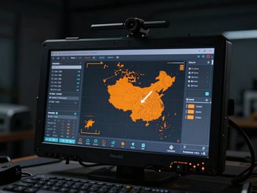 Giao diện màn hình hiển thị dữ liệu nhiệt từ UAV, vùng điểm nóng được AI đánh dấu màu cam, trong môi trường trung tâm điều khiển tối, chi tiết kỹ thuật sắc nét.