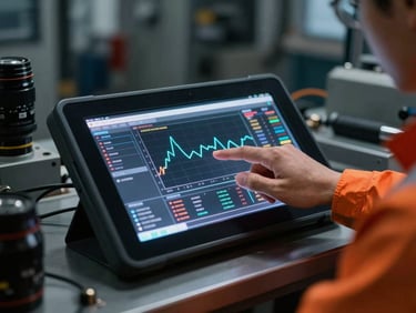 Báo cáo kỹ thuật trên máy tính bảng công nghiệp, đồ thị dữ liệu nhiệt và hình ảnh chi tiết, bàn tay kỹ sư chỉ vào màn hình, ánh sáng công nghiệp.