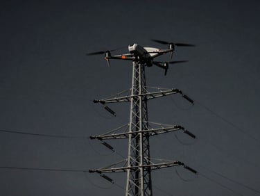 UAV công nghiệp bay theo đường dây điện cao thế, góc nhìn từ trên cao, ánh sáng công nghiệp tương phản cao, bầu trời u ám.