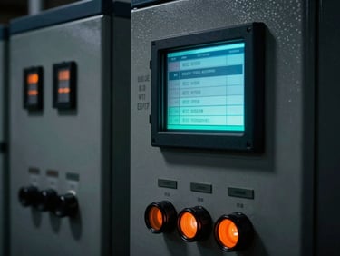 Close-up of industrial control panel displaying IEC 61508 compliance data, with sharp technical details and electric cyan highlights, dark industrial photography, high-contrast dramatic lighting, 35mm lens