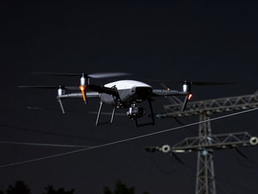 UAV drone inspecting high-voltage power lines in an industrial setting, with data overlay, dark industrial photography, high-contrast dramatic lighting, 35mm lens