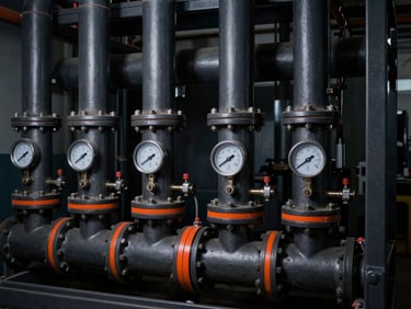 Industrial refrigeration unit with visible pipes and gauges, safety orange accents, dark industrial photography, high-contrast dramatic lighting, 35mm lens