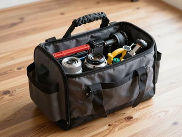 A neatly organized heavy-duty tool bag sitting on a clean hardwood floor, tools arranged in order, bright morning light.
