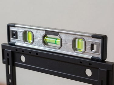 A close-up macro shot of a metal bubble level resting perfectly centered on top of a black steel TV wall mount bracket, bright daylight.