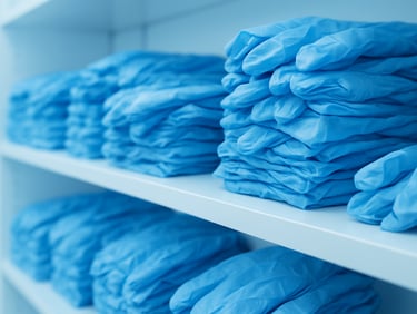 Macro shot of sterile medical gloves in a neatly organized clinical storage facility, cool blue and white lighting, sharp focus on texture