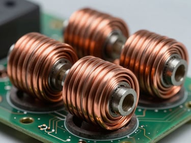 Macro close-up of heavy-duty copper windings and industrial power supply circuit boards, crisp studio lighting.