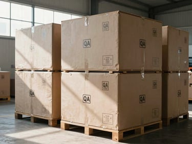 Sealed export crates stacked in a clean logistics warehouse, visible QA inspection stamps, bright natural daylight streaming from high windows.