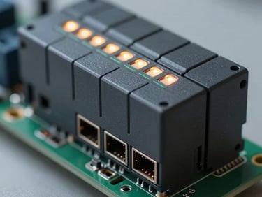 Close-up of a high-performance PLC module with glowing status LEDs and communication ports, cool technical tone.