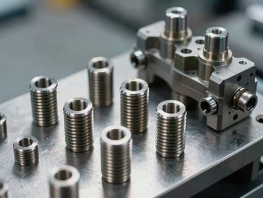 Macro shot of CNC-machined steel threads and precision pneumatic valves on a clean metal surface.