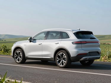 A clean modern silver SUV parked on a scenic highway overlook during clear morning sun, 35mm lens