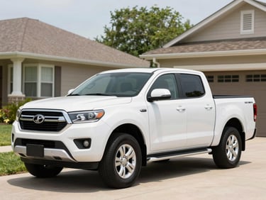 A modern white pickup truck parked in a suburban driveway under bright natural daylight, crisp focus
