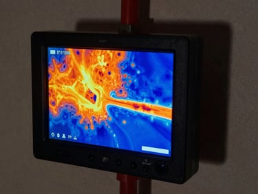 Thermal camera screen displaying a sharp heat map of a hot water pipe leak behind a wall, vivid orange and blue colors, technical interface