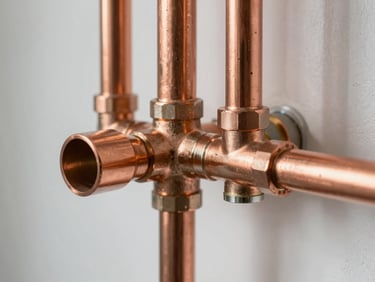 Close-up macro shot of clean, newly installed copper and PPRC pipes with precise joints in a bright, modern utility room