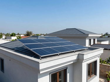 Architectural shot of a premium residential home in Lucknow with integrated rooftop solar panels, bright direct sunlight.